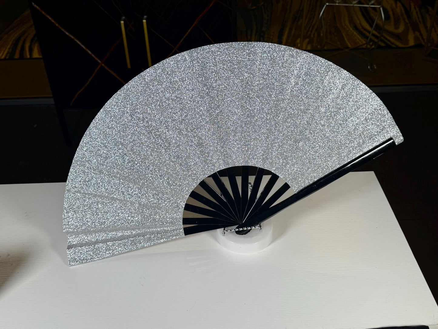Silver Glitter Clack Fan: Large Folding Hand Fan