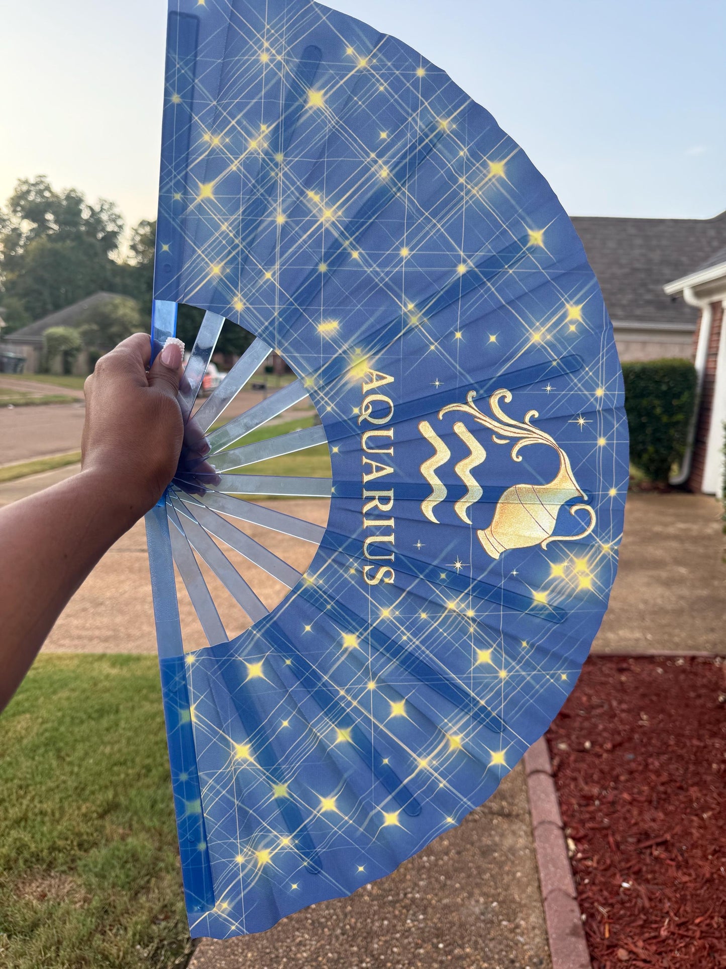 Aquarius Zodiac Hand Fan: Celestial Folding Clack Fan with Velvet Bag