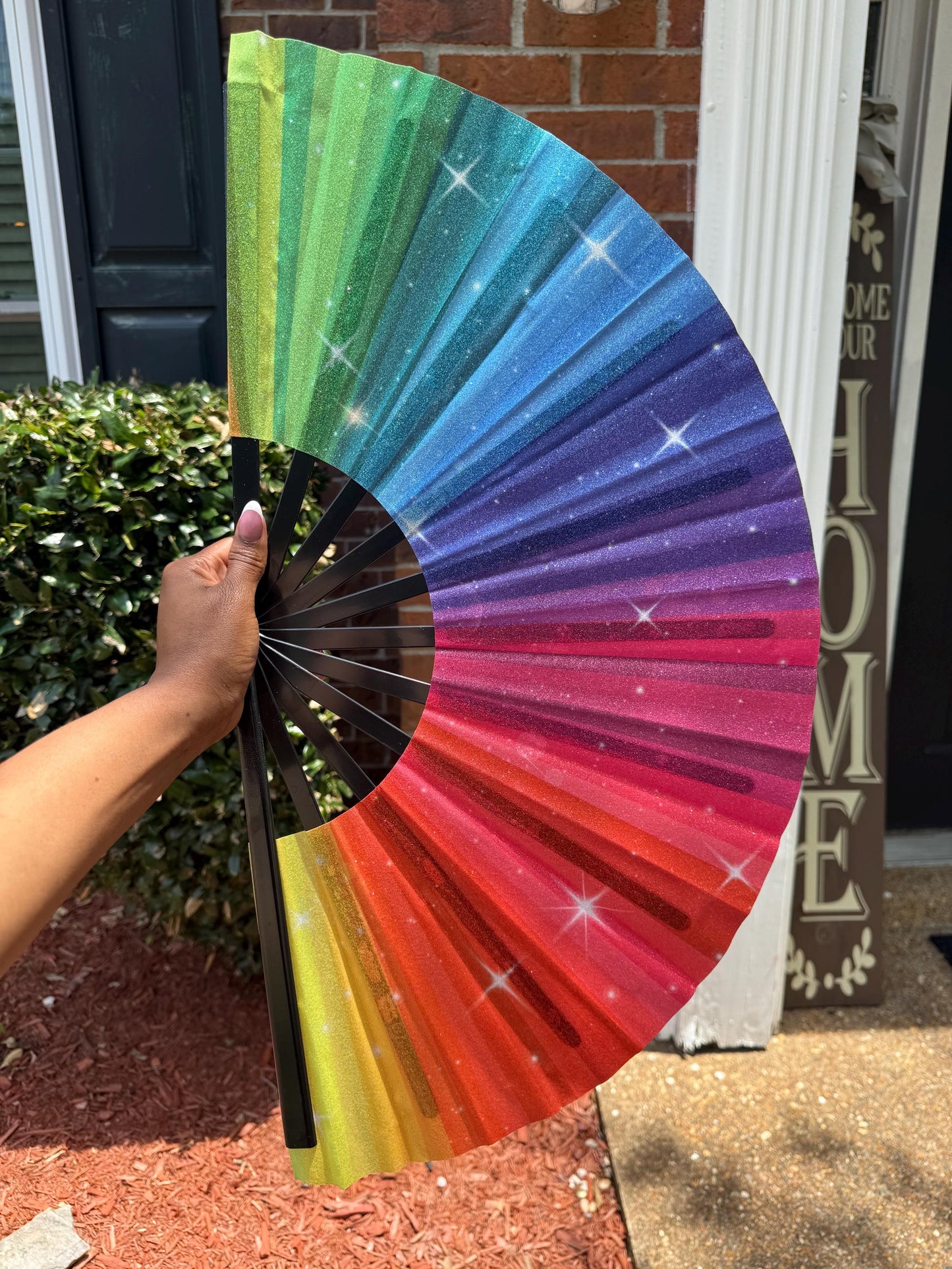 Boots On Ground Rainbow Glitter Fan - Large Folding Fan, Rainbow Clack Fan, Decorative Hand Fan, Line Dancing Fan, Rainbow Folding Fan