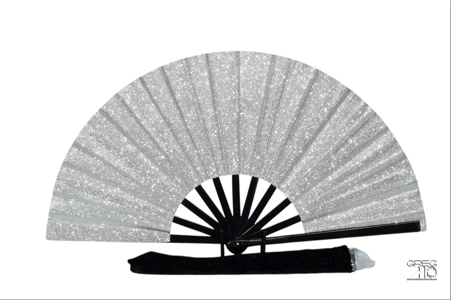 Silver Glitter Clack Fan: Large Folding Hand Fan