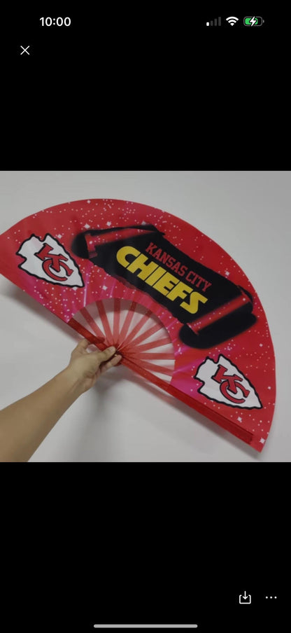 Kansas City Chiefs Hand Fan with Bold Red Yellow Logo Design, Custom NFL Folding Fan for Tailgating, Game Day Sports Fan Gift Idea