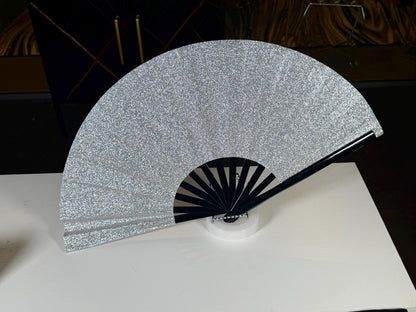 Silver Glitter Clack Fan: Large Folding Hand Fan