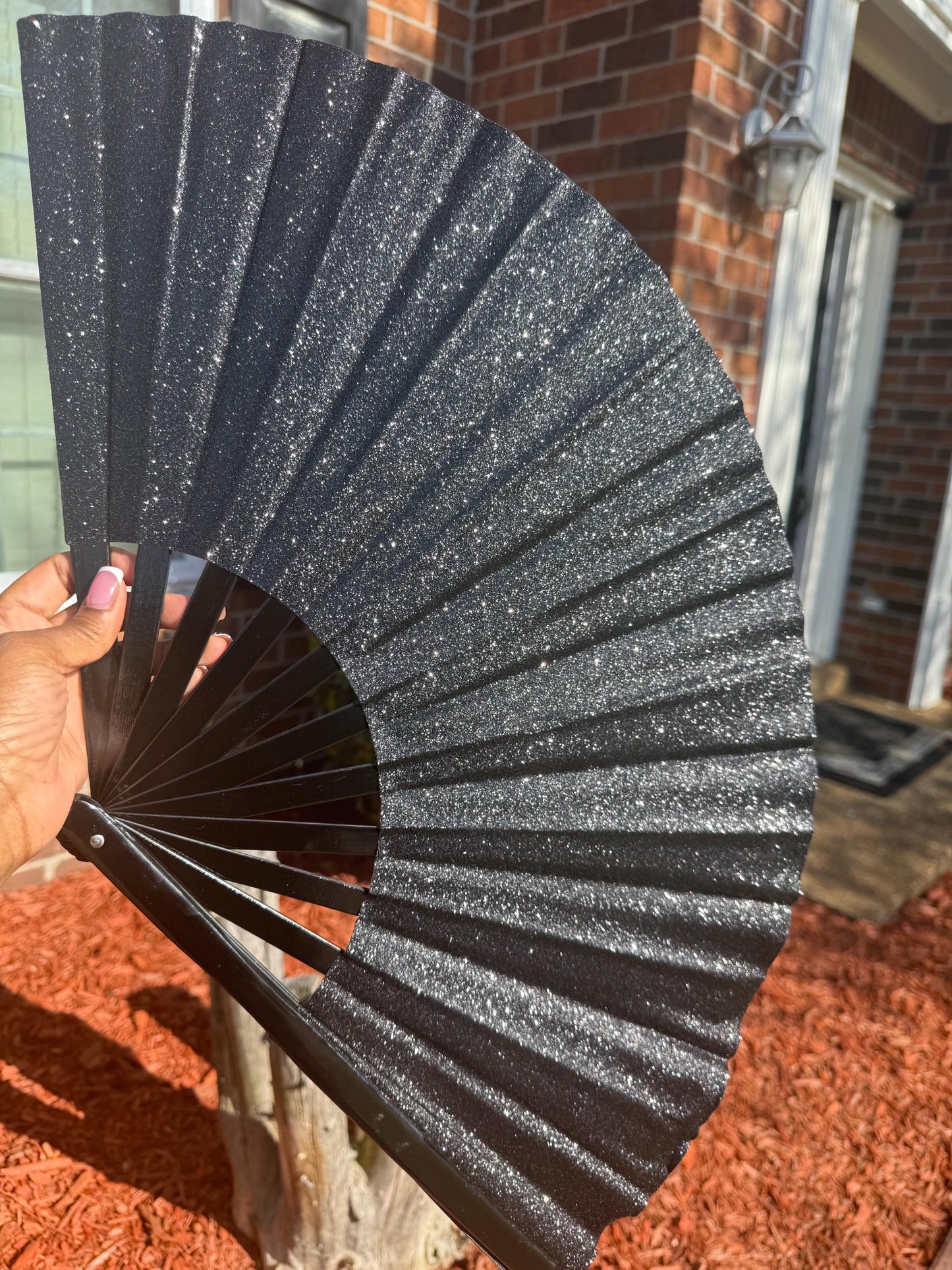 Black Glitter Clack Fan: Large Folding Hand Fan for Line Dancing