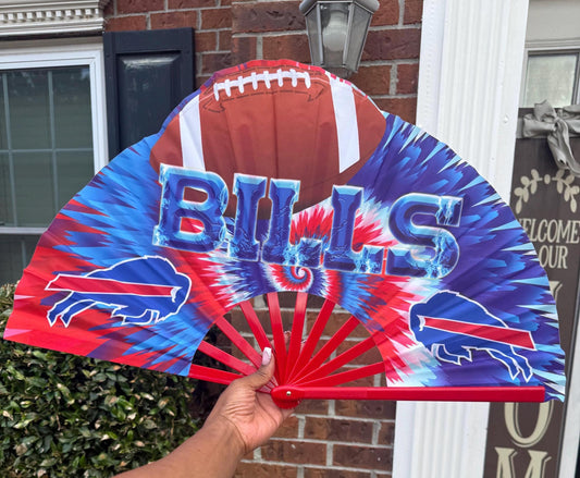 Bills Folding Hand Fan with Red Ribs, Oversized Blue Clack Fan for Game Day, Football Parties, Tailgating, Sports Gifts, and Fans