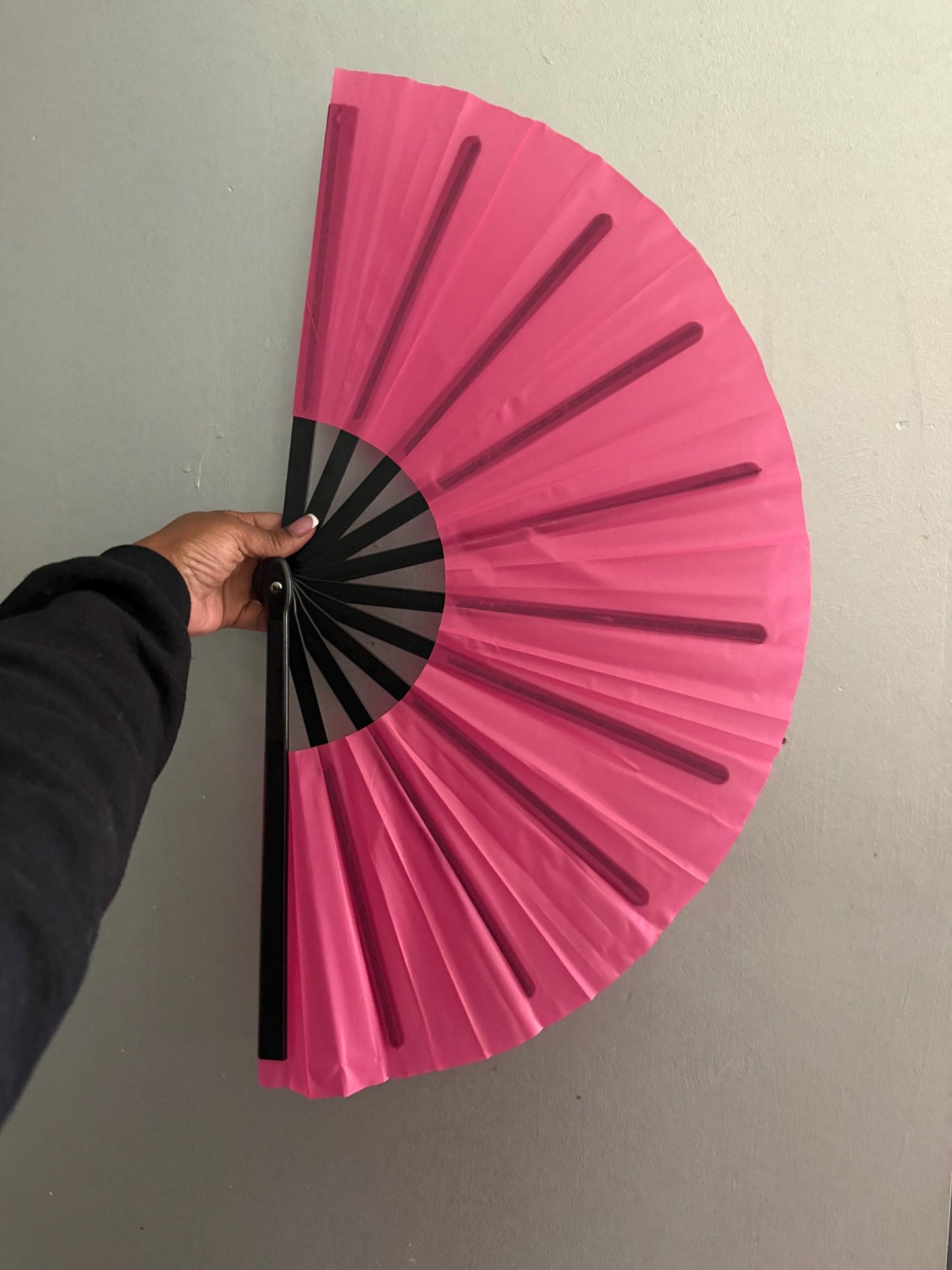 Dark Pink Clack Fan: Oversized Folding Hand Fan with Black Ribs