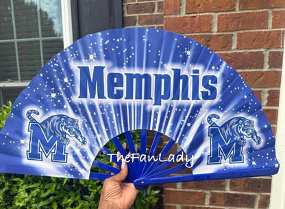 Memphis Tigers Folding Hand Fan: Blue Starburst Design, College Game Day
