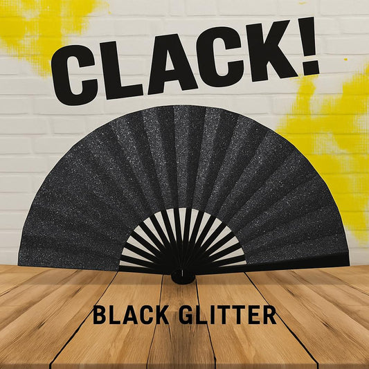 Black Glitter Clack Fan: Large Folding Hand Fan for Line Dancing