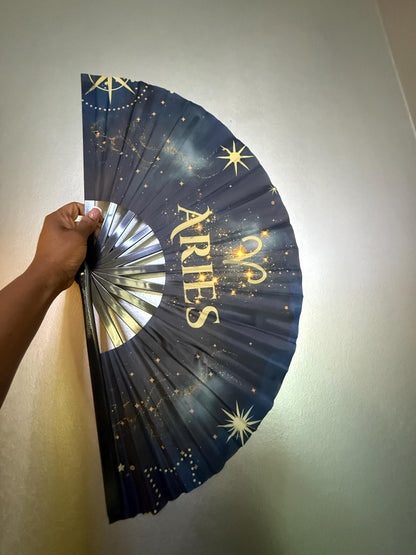 Aries Zodiac Hand Fan: Navy & Gold Celestial Folding Fan