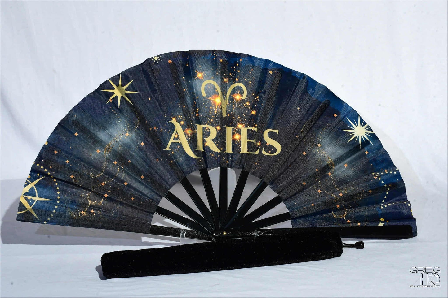Aries Zodiac Hand Fan: Navy & Gold Celestial Folding Fan