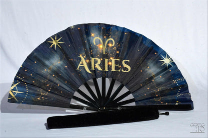 Aries Zodiac Hand Fan: Navy & Gold Celestial Folding Fan