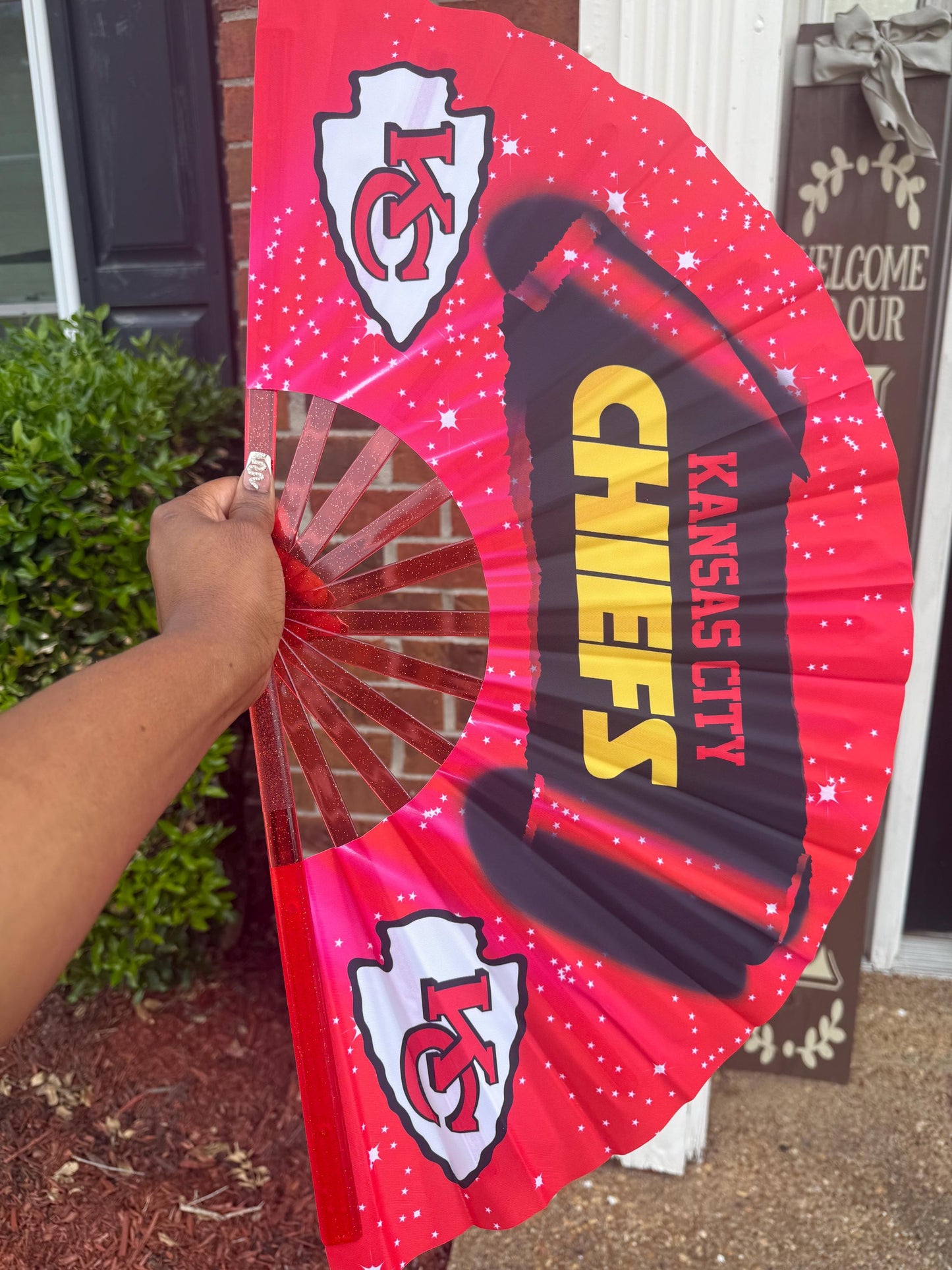 Kansas City Chiefs Hand Fan with Bold Red Yellow Logo Design, Custom NFL Folding Fan for Tailgating, Game Day Sports Fan Gift Idea