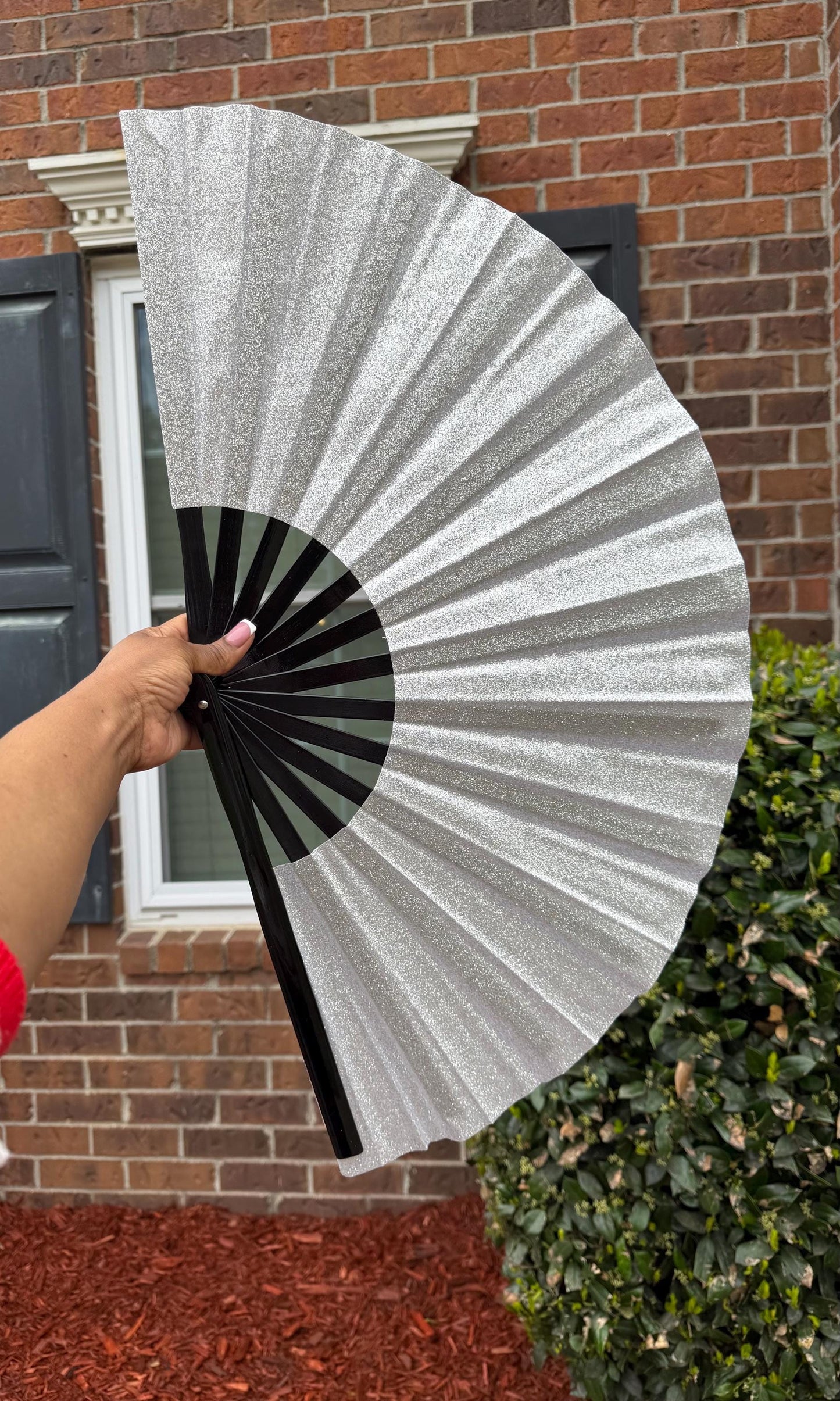 Silver Glitter Clack Fan: Large Folding Hand Fan