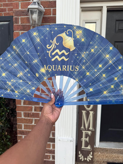 Aquarius Zodiac Hand Fan: Celestial Folding Clack Fan with Velvet Bag