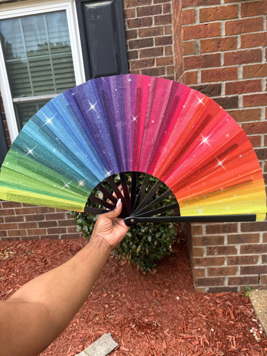 Boots On Ground Rainbow Glitter Fan - Large Folding Fan, Rainbow Clack Fan, Decorative Hand Fan, Line Dancing Fan, Rainbow Folding Fan