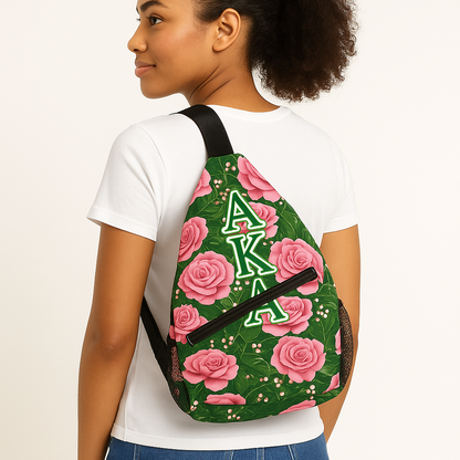 Stylish AKA Sling Backpack with Pink Rose Floral Pattern, Adjustable Strap and Zipper Pocket, Sorority Travel Bag Gift for Women