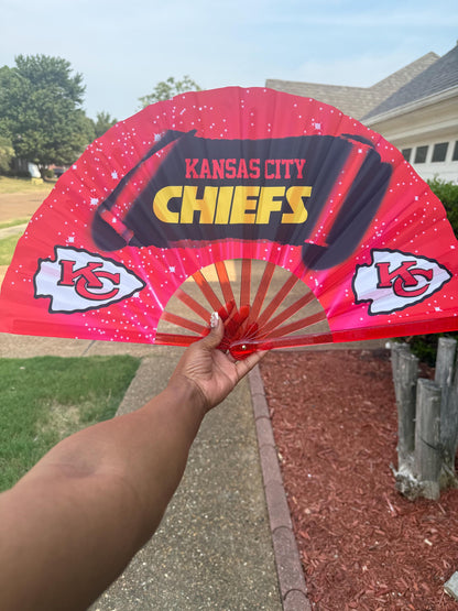 Kansas City Chiefs Hand Fan with Bold Red Yellow Logo Design, Custom NFL Folding Fan for Tailgating, Game Day Sports Fan Gift Idea