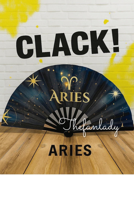Aries Zodiac Hand Fan: Navy & Gold Celestial Folding Fan