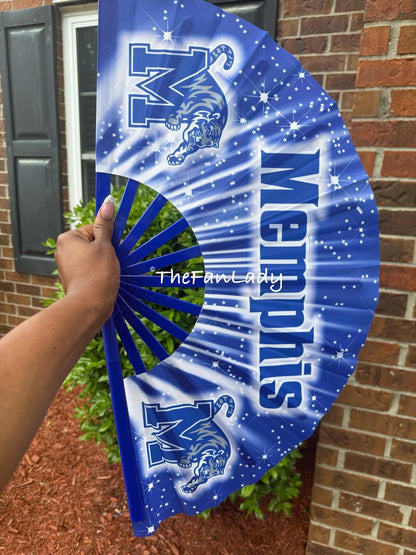 Memphis Tigers Folding Hand Fan: Blue Starburst Design, College Game Day