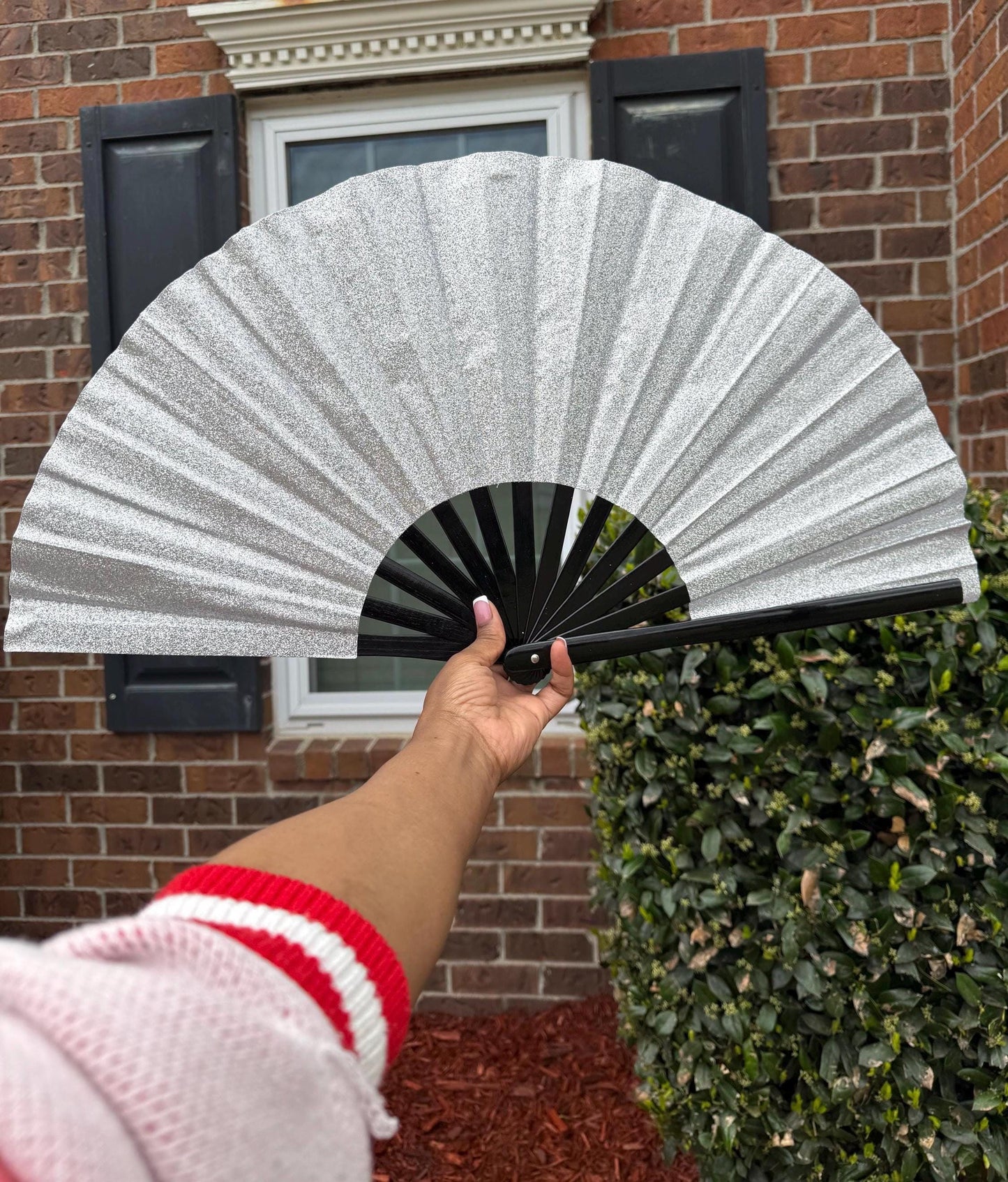 Silver Glitter Clack Fan: Large Folding Hand Fan