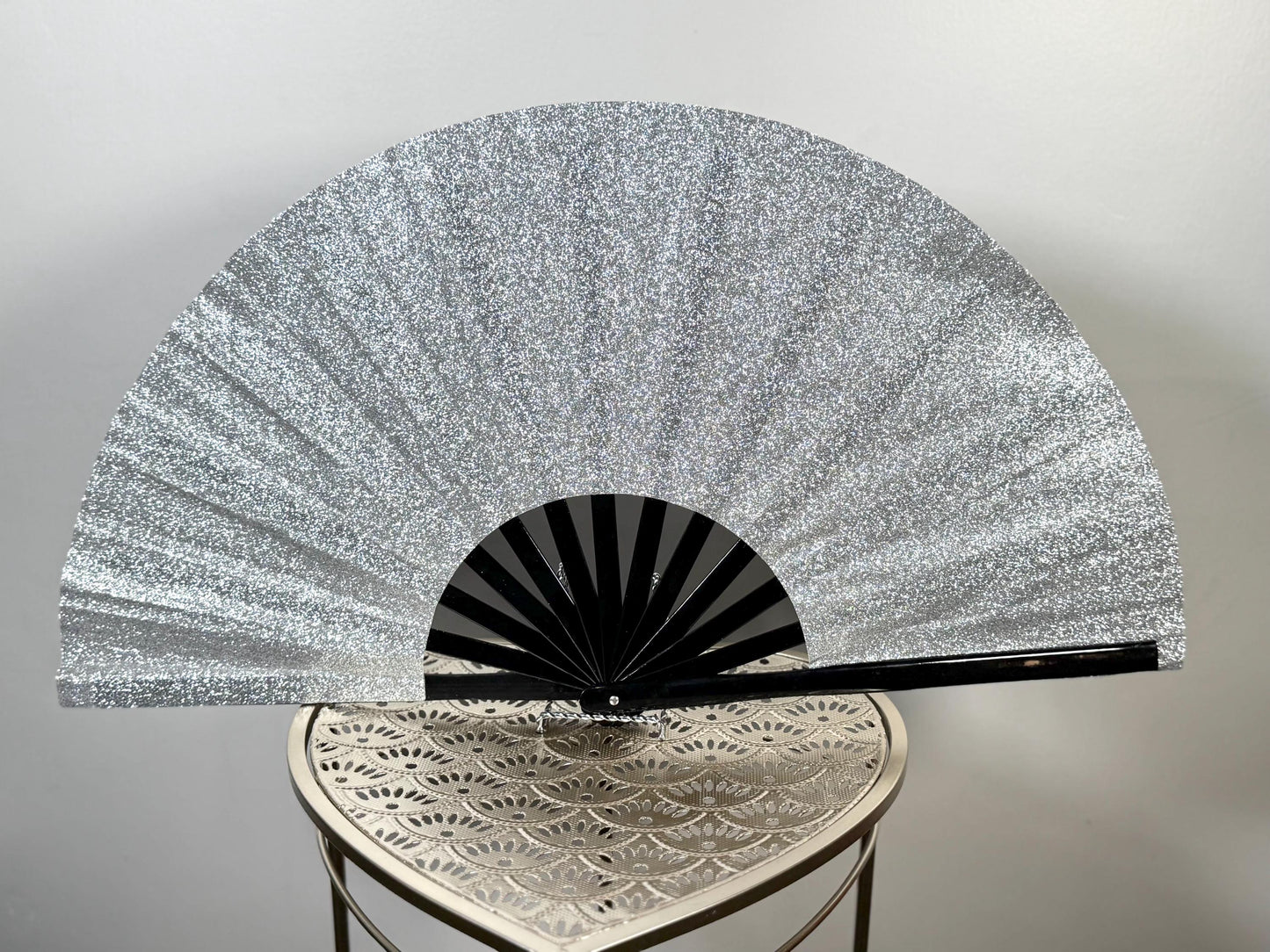 Silver Glitter Clack Fan: Large Folding Hand Fan