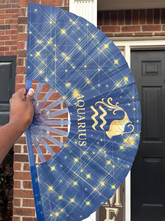 Aquarius Zodiac Hand Fan: Celestial Folding Clack Fan with Velvet Bag