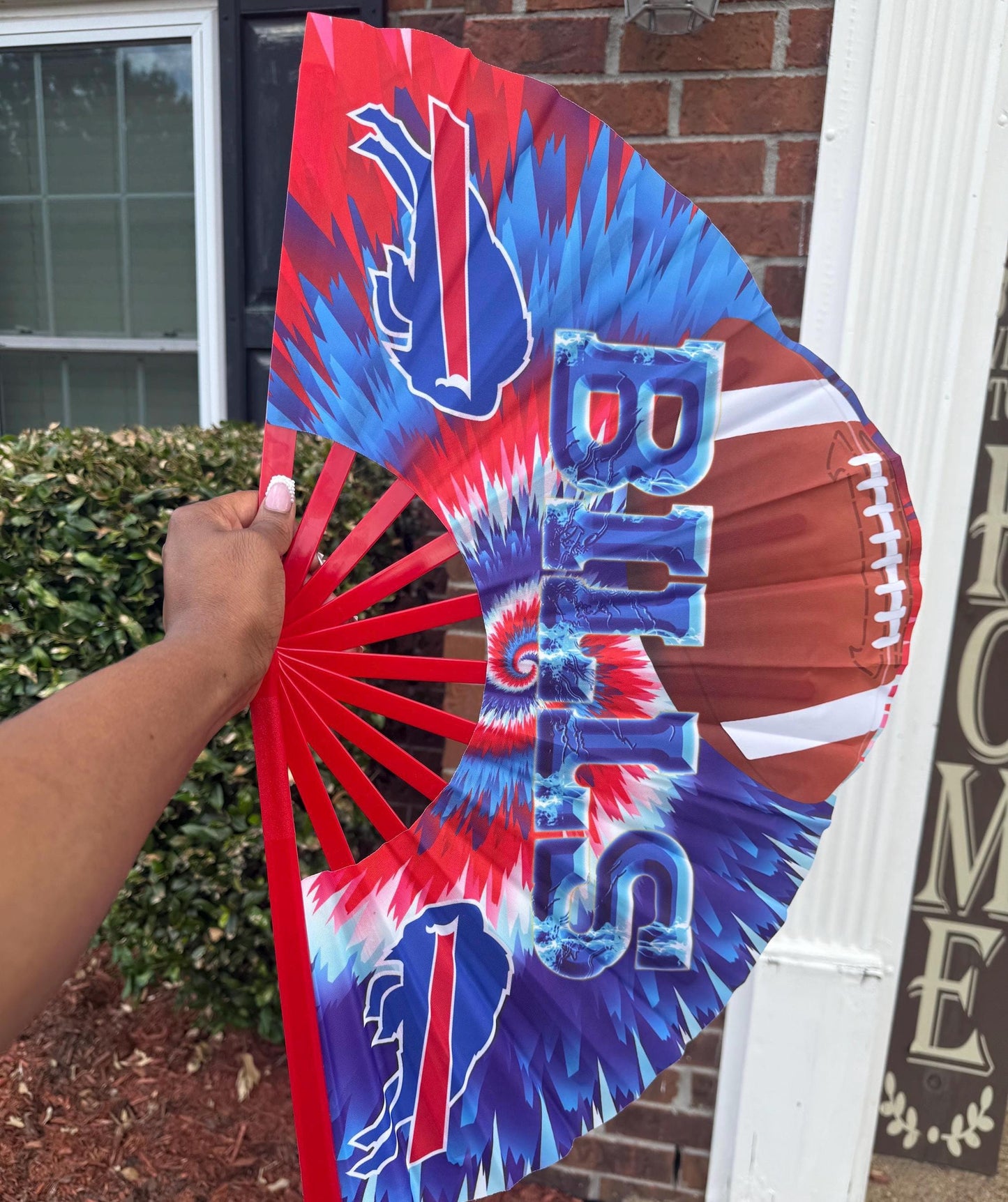Bills Folding Hand Fan with Red Ribs, Oversized Blue Clack Fan for Game Day, Football Parties, Tailgating, Sports Gifts, and Fans