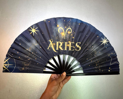 Aries Zodiac Hand Fan: Navy & Gold Celestial Folding Fan