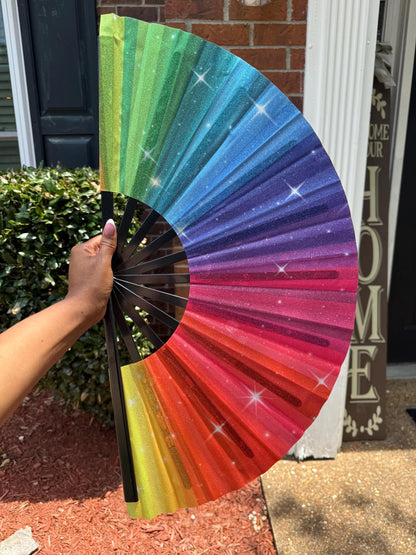Boots On Ground Rainbow Glitter Fan - Large Folding Fan, Rainbow Clack Fan, Decorative Hand Fan, Line Dancing Fan, Rainbow Folding Fan