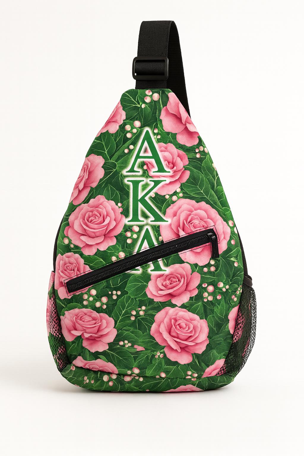 Stylish AKA Sling Backpack with Pink Rose Floral Pattern, Adjustable Strap and Zipper Pocket, Sorority Travel Bag Gift for Women