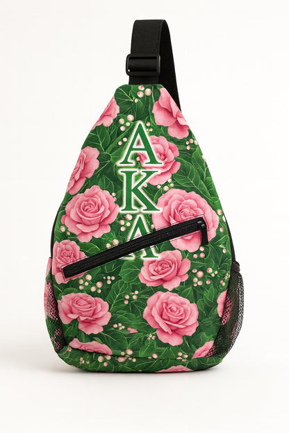 Stylish AKA Sling Backpack with Pink Rose Floral Pattern, Adjustable Strap and Zipper Pocket, Sorority Travel Bag Gift for Women