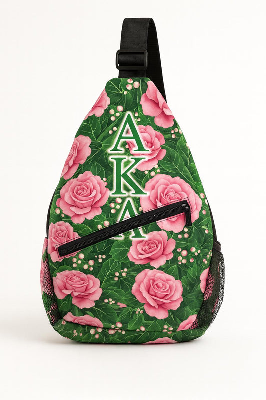Stylish AKA Sling Backpack with Pink Rose Floral Pattern, Adjustable Strap and Zipper Pocket, Sorority Travel Bag Gift for Women
