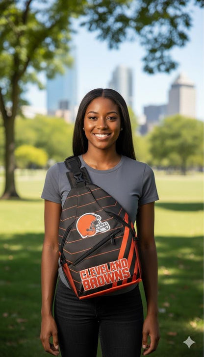 Cleveland Browns Shoulder Bag with Logo - Brown and Orange Crossbody Sling Backpack for NFL Game Day, Tailgating and Travel