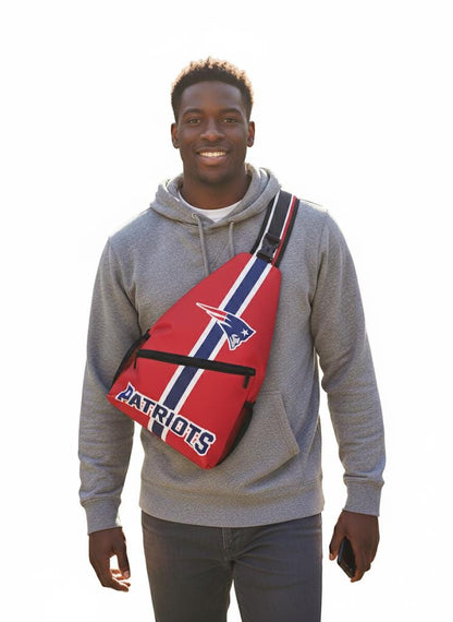 New England Patriots NFL crossbody shoulder backpack with zipper compartments, red Patriots travel bag