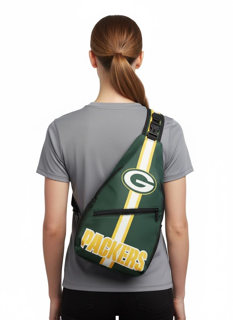 Unisex Green Bay Packers crossbody bag , NFL crossbody shoulder backpack with secure zipper pockets, sporty travel game day bag