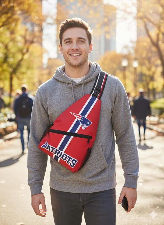New England Patriots NFL crossbody shoulder backpack with zipper compartments, red Patriots travel bag