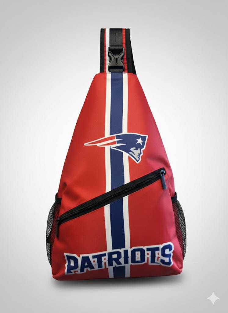 New England Patriots NFL crossbody shoulder backpack with zipper compartments, red Patriots travel bag