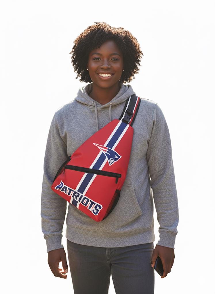 New England Patriots NFL crossbody shoulder backpack with zipper compartments, red Patriots travel bag